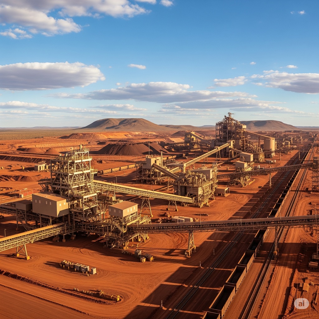 A panoramic shot of a large-scale iron ore processing plant in the Pilbara, showcasing conveyors, transfer towers, and large structures against the red earth backdrop. The scale should be impressive.