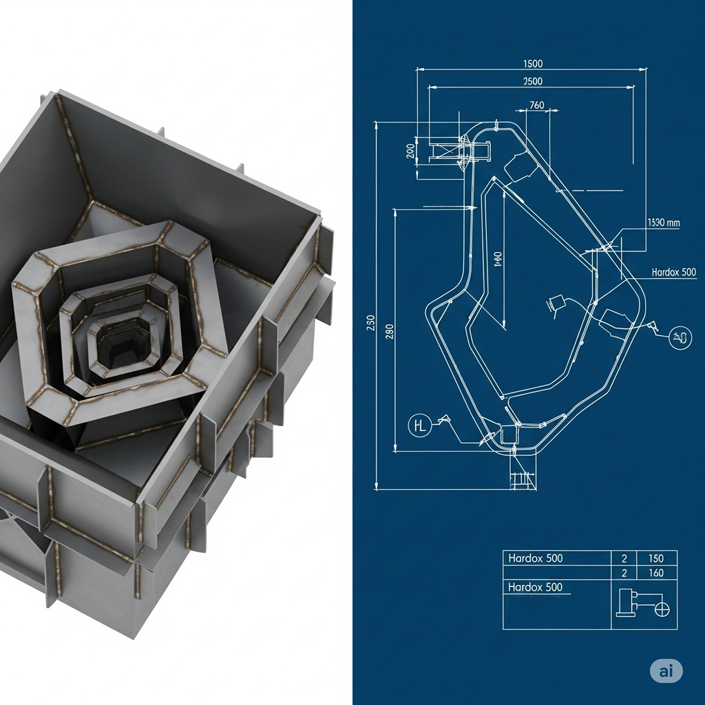 A side-by-side comparison. Left: A 3D model of a complex conveyor transfer chute. Right: The corresponding detailed fabrication drawing for a single wear plate from that chute, showing dimensions, material callouts, and weld symbols