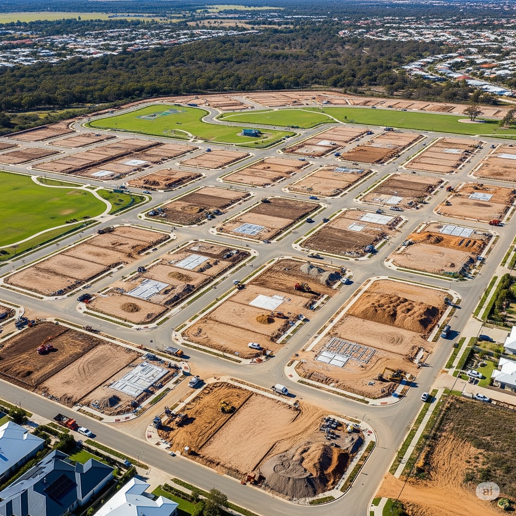 Aerial photograph of a large, new land development subdivision under construction in WA, showing the clear layout of roads, lots, and public open space