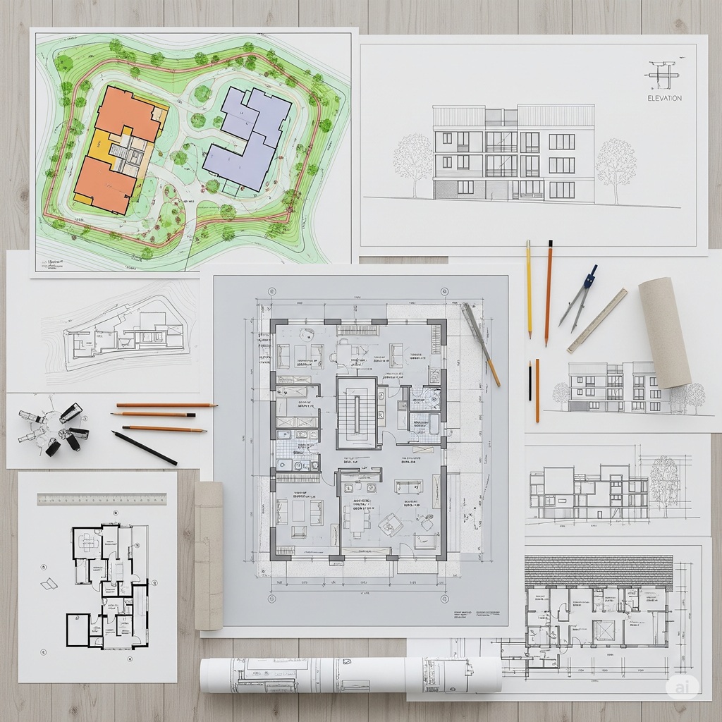 An organised flat lay of different types of architectural drawings (site plan, floor plan, elevation) on a large table, showcasing the comprehensive nature of a full set of plans.