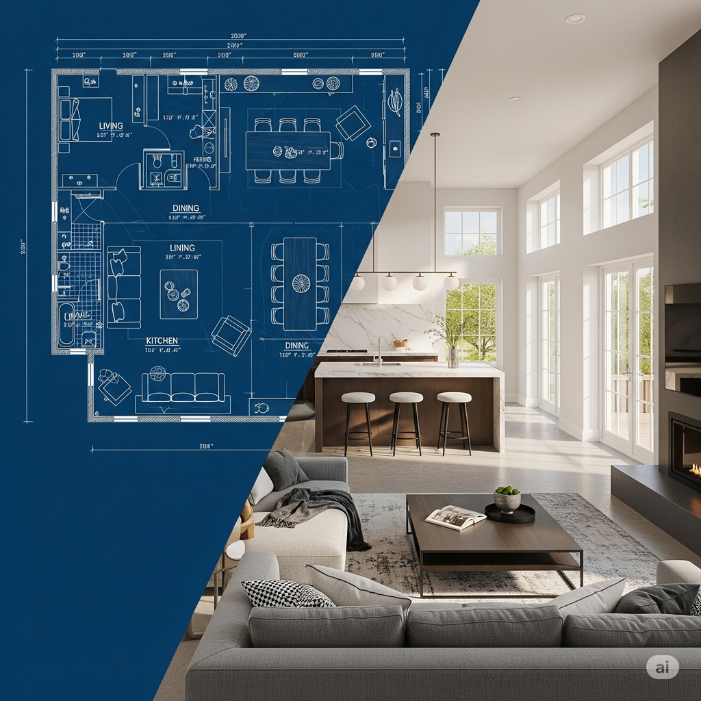 A dramatic split-screen image. On the left is a technical 2D floor plan. On the right is a stunning, photorealistic 3D render of the exact same room, showing furniture, lighting, and textures.