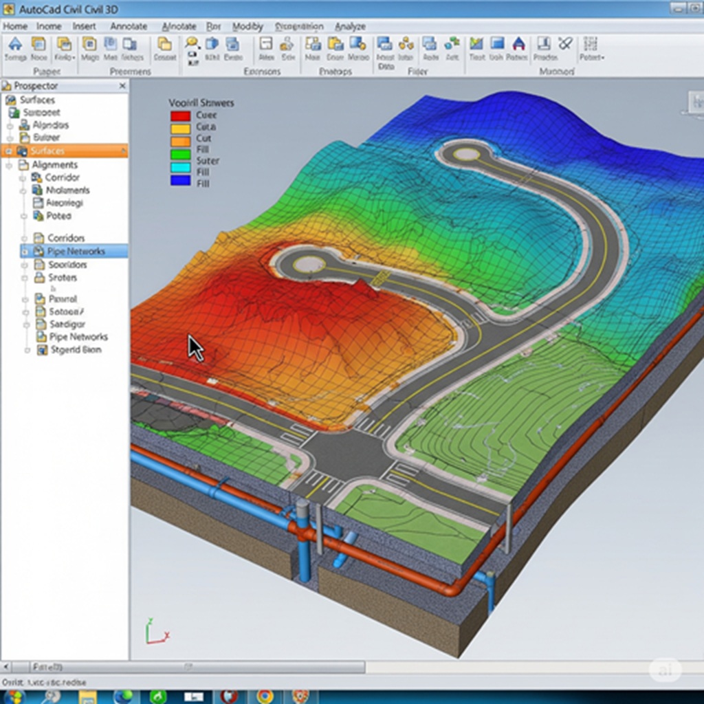 A screenshot from AutoCAD Civil 3D software showing a complex land development design with coloured surfaces for cut/fill, road corridors, and a visible pipe network