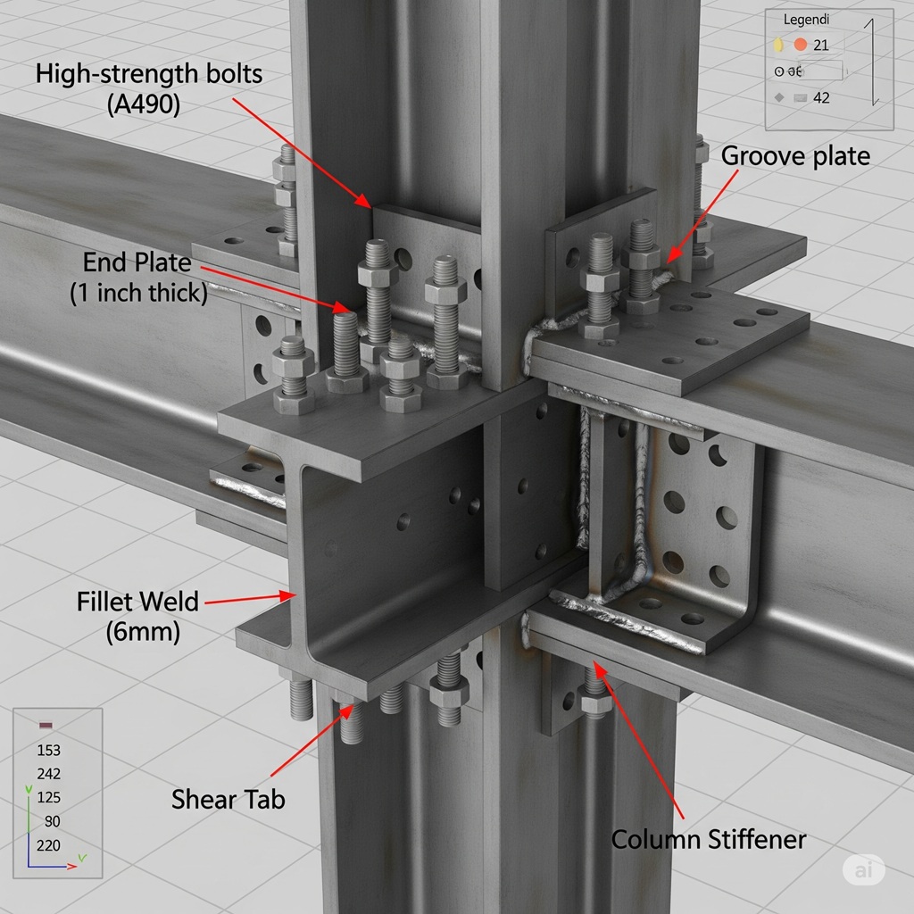 A close-up screenshot of a 3D structural model showing a complex steel beam-to-column connection, with bolts, plates, and welds clearly visible and annotated.