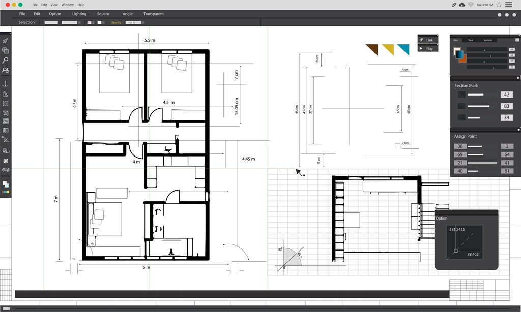 A crisp, black and white professional floor plan with clear annotations for room names, dimensions, and window/door schedules. It looks technical and precise.