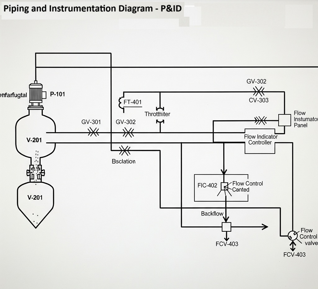 A clean, professional example of a Piping and Instrumentation Diagram (P&ID), showing the standard symbols for pumps, vessels, valves, and control loops.