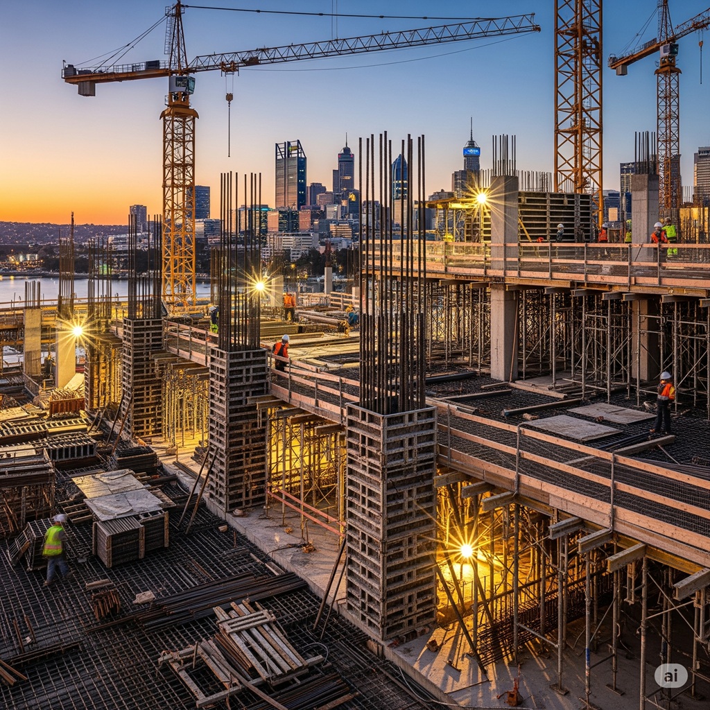 A dynamic shot of a complex construction site in Perth, showing a mix of concrete slabs, steel frames, and scaffolding. The focus should be on the structural elements coming together.