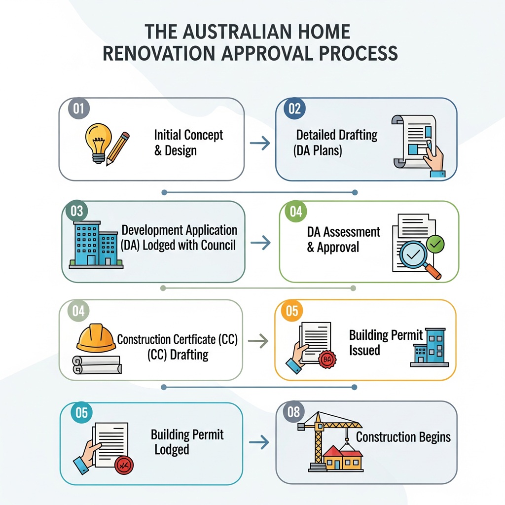An infographic flowchart titled "The Australian Home Renovation Approval Process." It should have clear steps: 1. Initial Concept & Design. 2. Detailed Drafting (DA Plans). 3. Development Application (DA) Lodged with Council. 4. DA Assessment & Approval. 5. Construction Certificate (CC) Drafting. 6. Building Permit Lodged. 7. Building Permit Issued. 8. Construction Begins