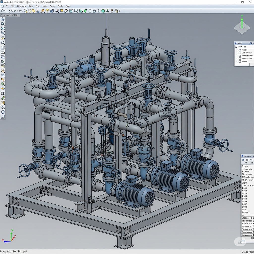 A screenshot from a plant design software (like Autodesk Plant 3D or Inventor) showing a detailed 3D model of a process skid. The model should look complex and data-rich, with pipes, valves, pumps, and structural frame all visible.