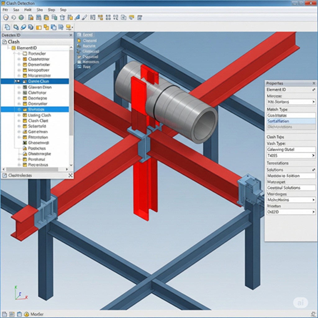 A compelling visual from a BIM software like Revit or Tekla, showing a clash detection report. Highlight a clash between a large steel beam and a mechanical duct in bright red.