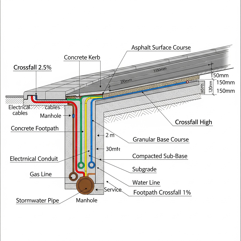 A detailed road cross-section drawing, showing pavement layers, kerbing, footpath, services corridor, and road geometry like crossfall